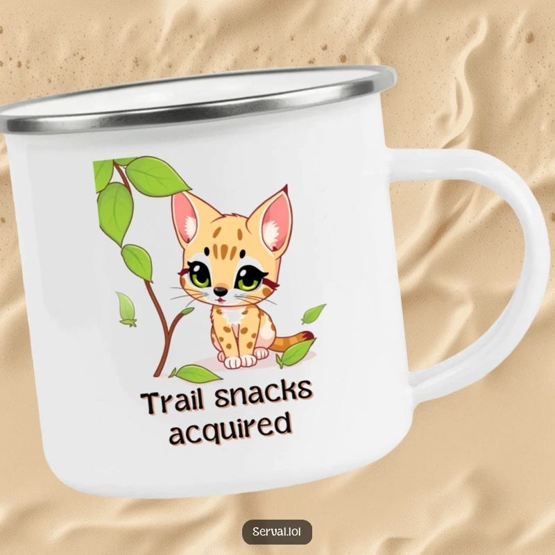 Funny serval camping mug showing a serval intently stalking a rustling leaf with exaggerated excitement, perfect for outdoor humor.