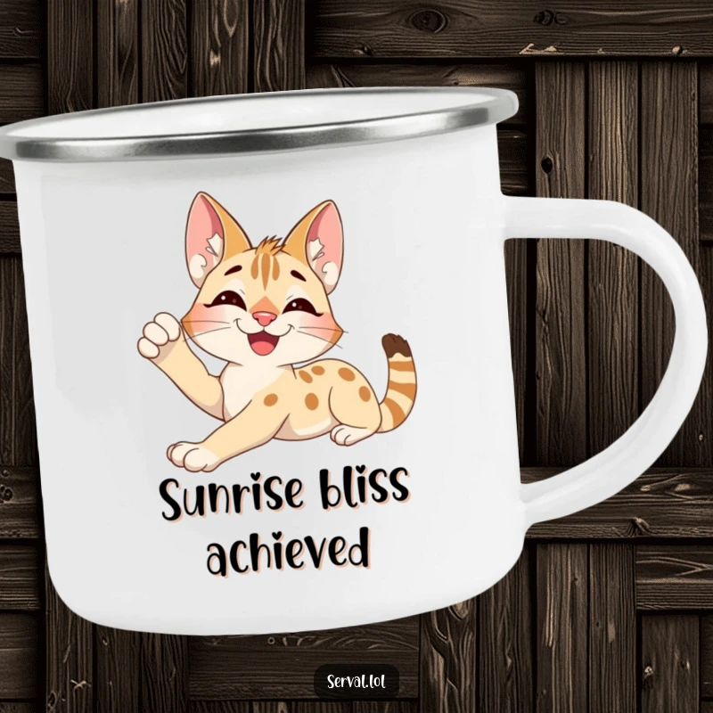 Funny Serval Camping Mug: An excited serval character stretching contently, built for outdoor relaxation and humor.