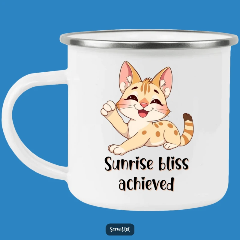 Funny Serval Stretch Camping Mug: Relaxed Adventures