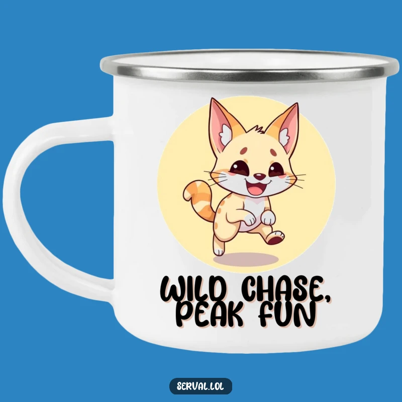 Funny Serval Tail Chase Camping Mug: Outdoor Feline Frolic, Perfect Funny Gift for Campers