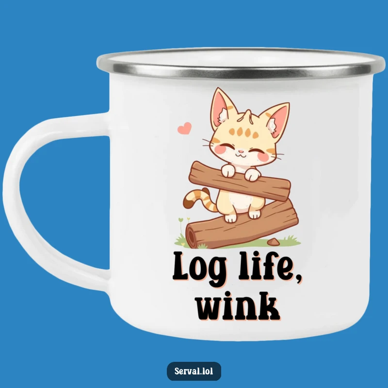 Funny Winking Serval Cat Camping Mug - Balancing Log Outdoor Gift