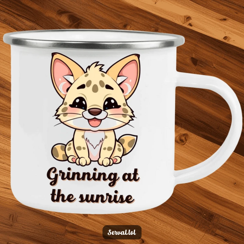 Funny kawaii serval camping mug, cute serval character with a playful toothy grin, enamel mug, great funny gift.