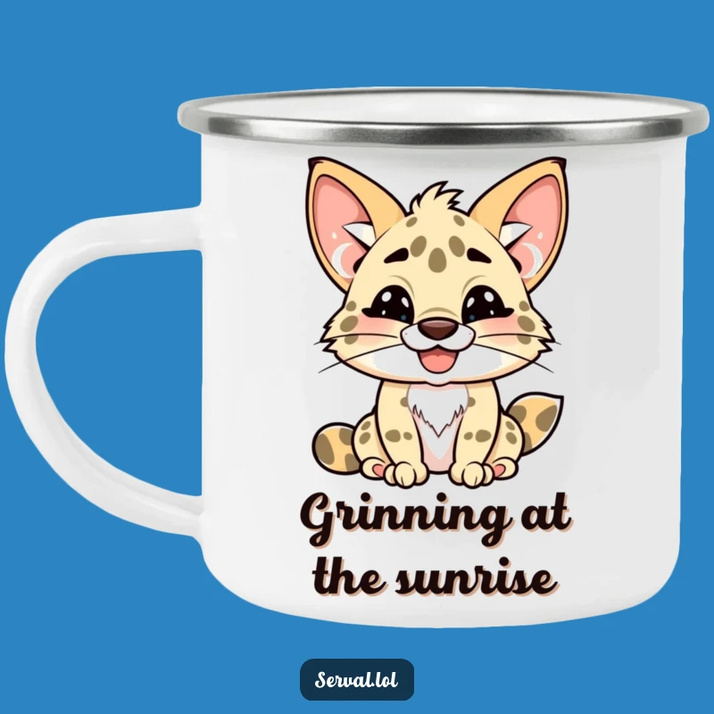 Funny Kawaii Serval Camping Mug: Sip with a Grinning Companion