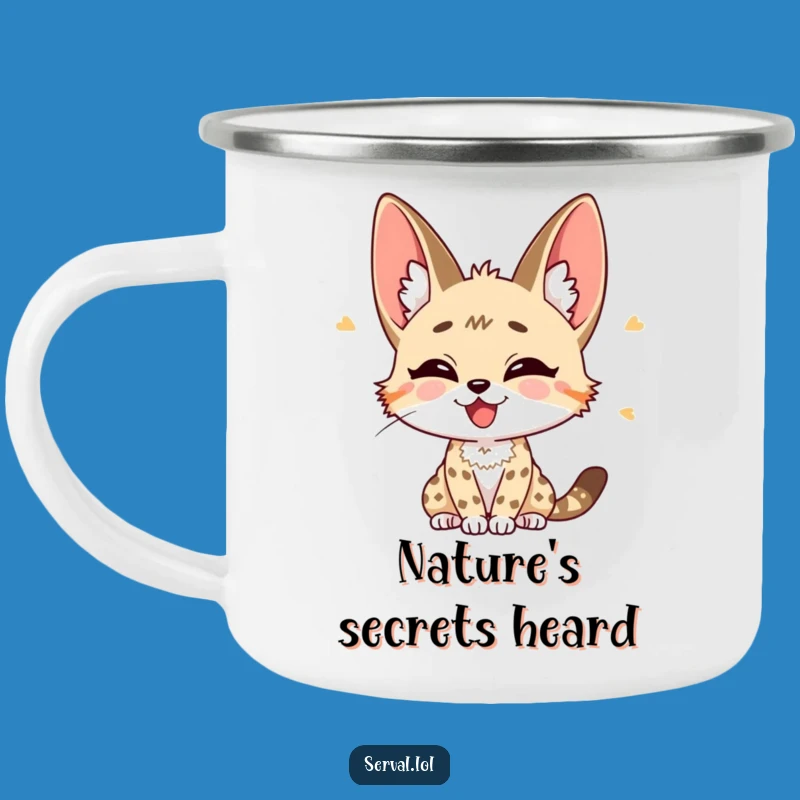 Funny Serval Listening Camping Mug: Joyful Perked Ears Enamel Cup, Outdoor Gift