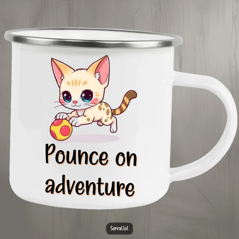 Funny serval cat character camping mug showing an agile serval cat in a swift pounce, perfect for enjoying drinks outdoors with fierce focus.