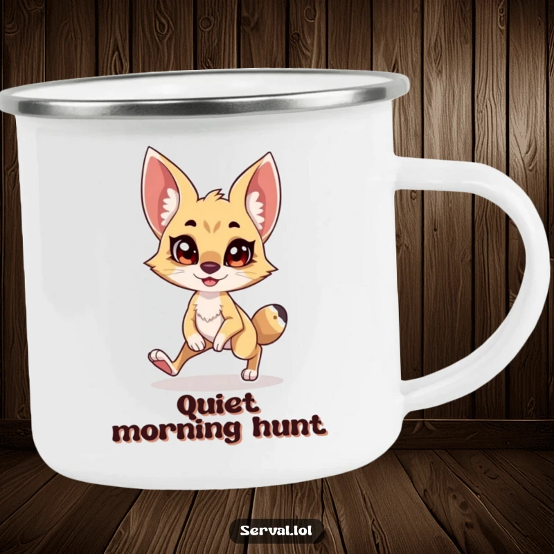 Funny Serval Camping Mug: A serval character doing a comical stealthy tiptoe with a grin, perfect for camping.