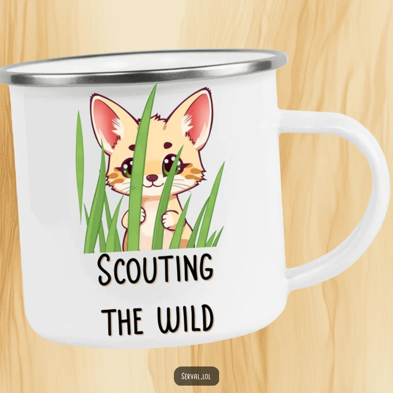 Funny Serval Camping Mug depicting a cheerful serval peeking wide-eyed from grass, perfect for enjoying drinks on the go.