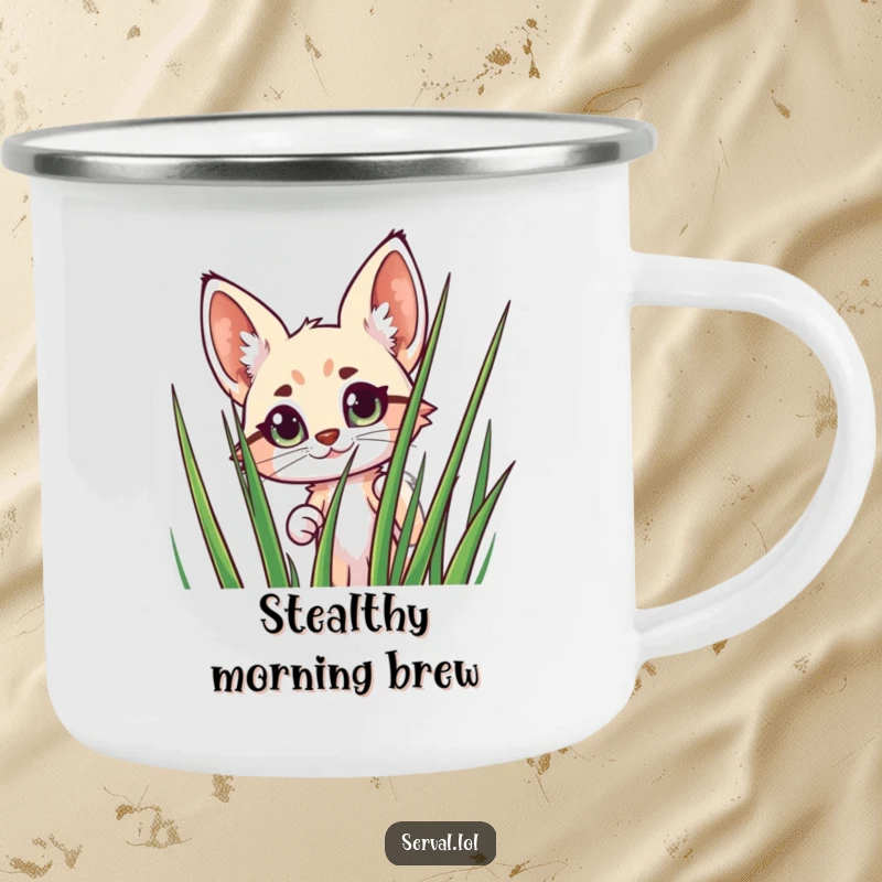 Funny Serval Camping Mug: A cheerful serval peeks with wide eyes from behind grass, perfect for outdoor drinks and laughs.