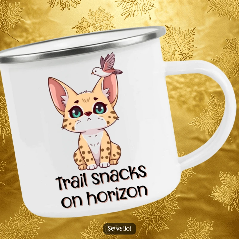 Funny serval camping mug showing a serval with expressive eyes, focused on a bird flying overhead, perfect for outdoor observation.