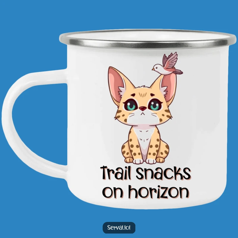Funny Serval Bird Watching Camping Mug: Outdoor Feline Focus, Perfect Funny Gift for Campers