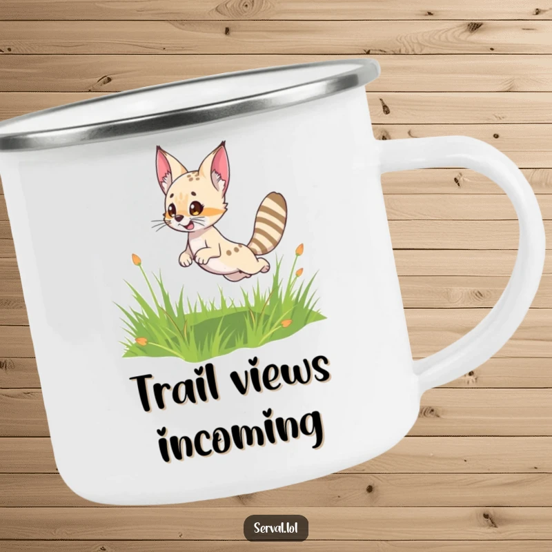 Funny Serval Camping Mug: A cute serval character leaping playfully, designed for sturdy outdoor enjoyment and humor.