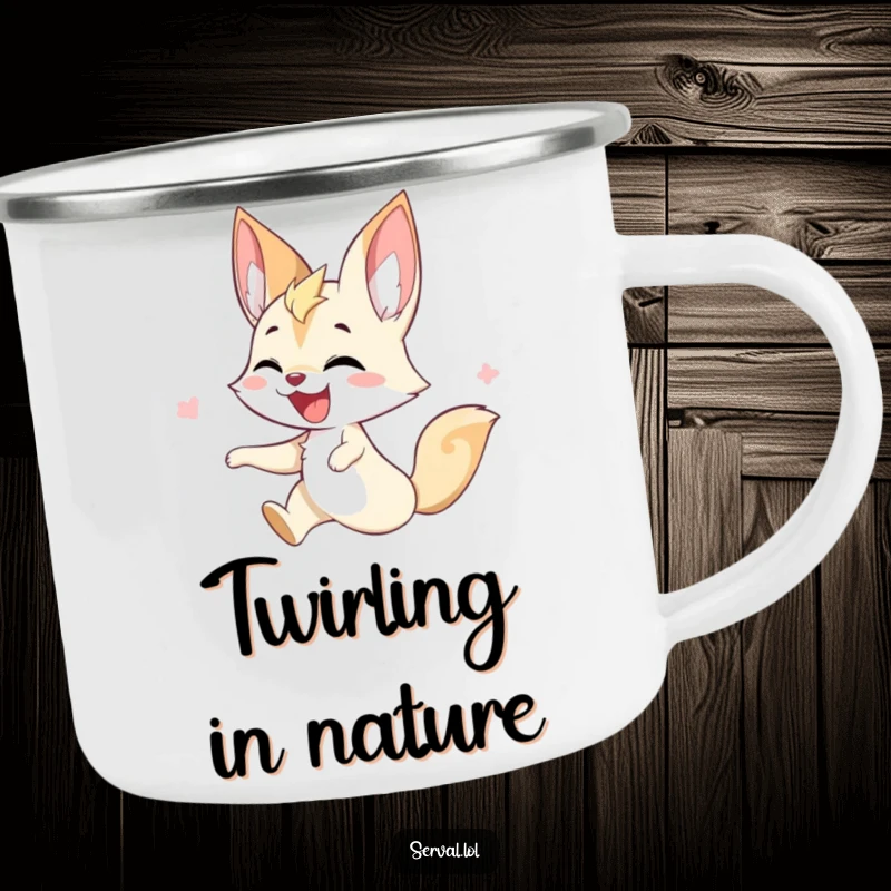 Funny serval camping mug featuring a serval joyfully twirling, perfect for energetic outdoor moments.