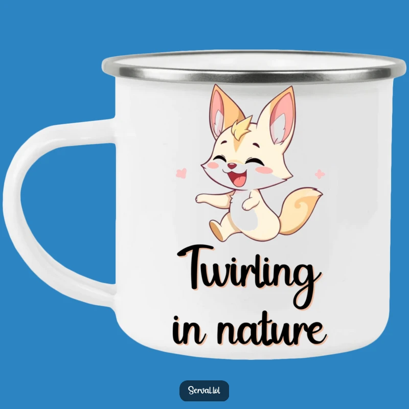 Funny Serval Camping Mug - Joyful Twirl Companion, Humorous Outdoor Gift