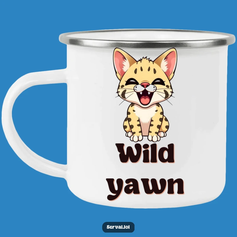 Funny Serval Yawn Camping Mug: Enamel Tiny Teeth Cat Cup, Perfect Trail Funny Gift