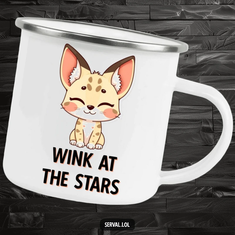 Funny serval camping mug featuring a serval winking, its distinctive spotted ears adding a playful accent.