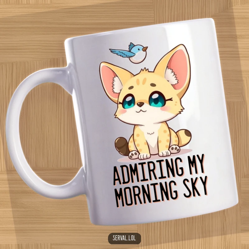 Funny Serval Mug: A small serval looks up with adoring eyes at a hovering bird, capturing innocent wonder.