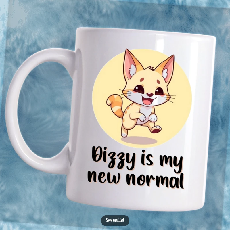 Funny serval mug with a huge grin, joyfully spinning in a circle while chasing its own tail, pure chaotic feline energy.