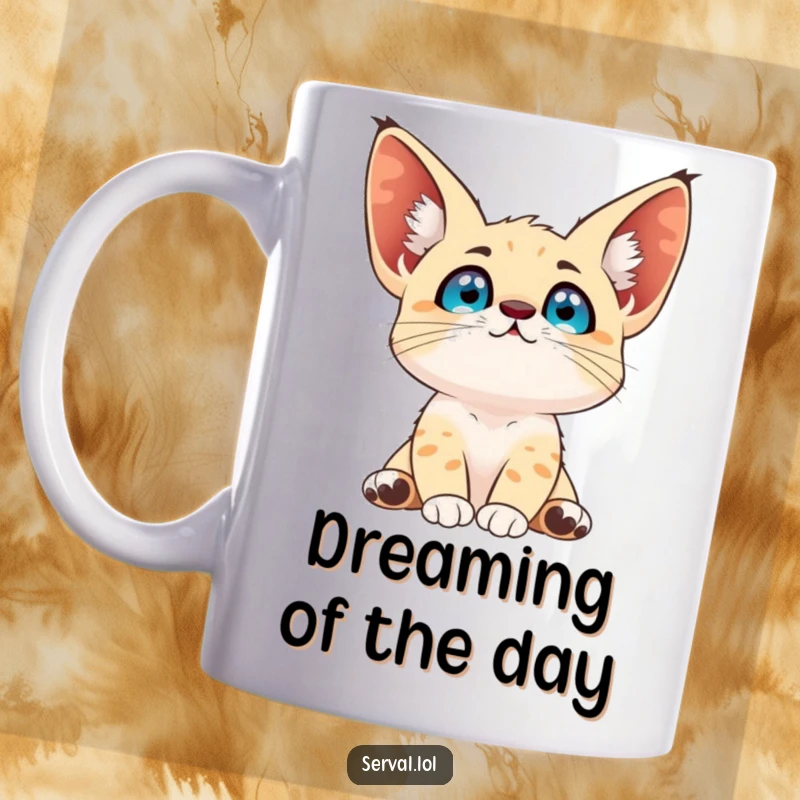 Funny serval mug with bright eyes looking up at the sky, capturing a moment of wonder and curiosity.