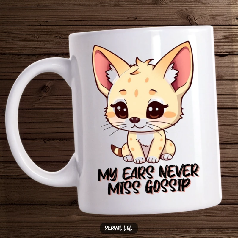 Funny kawaii serval cat mug with ears perked high, listening intently, depicted in a cute cartoon style for a humorous gift.
