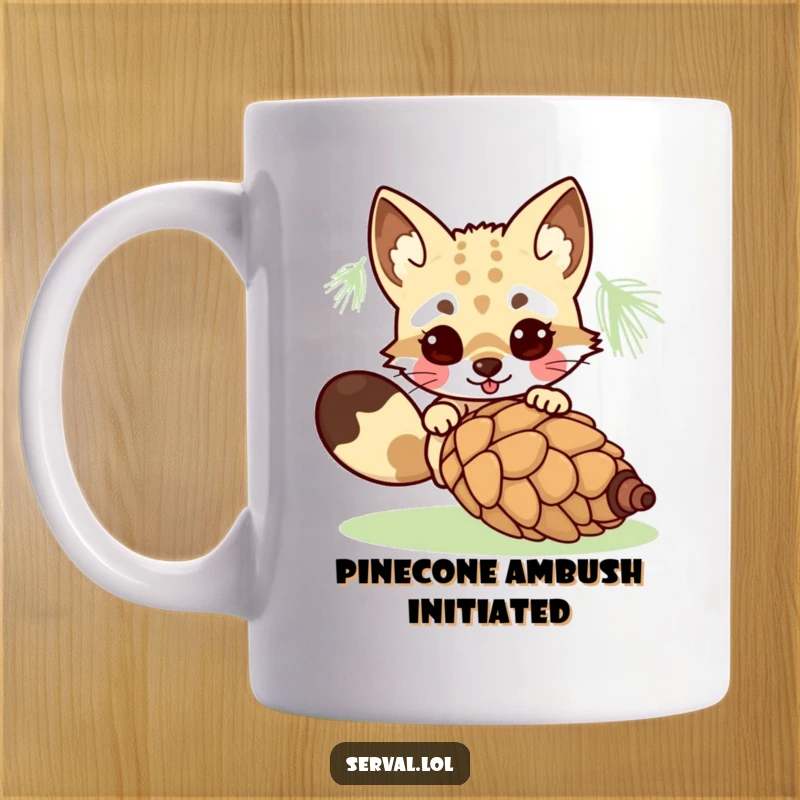Funny kawaii serval cat playfully pouncing mid-air on a rolling pinecone, capturing a moment of wild, hilarious energy. Perfect gift.