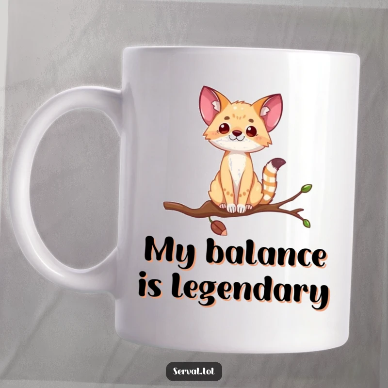 Funny serval mug showing an elegant wild cat balancing precariously on a super thin branch, a moment of pure jungle comedy.
