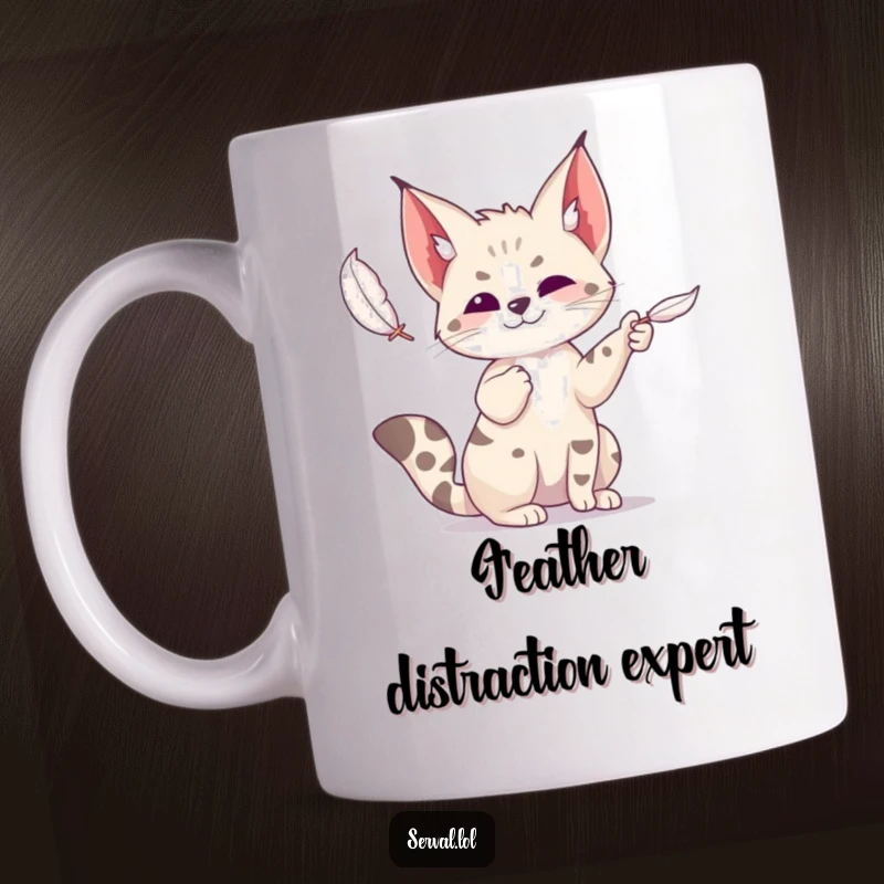 Funny serval mug showing a wild cat playfully swiping at a floating feather with its paw, a moment of pure feline amusement.