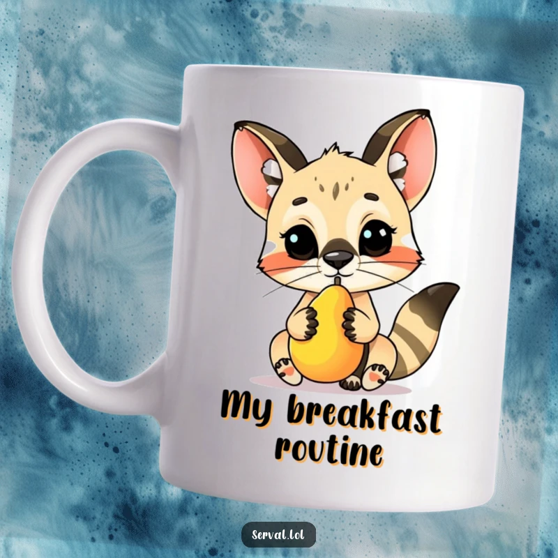 Funny serval character mug, skillfully balancing a small, colorful fruit perfectly on its cute nose, looking proud.