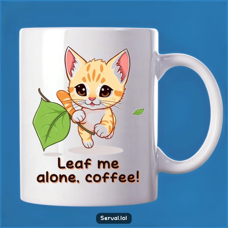 Funny Serval Kitten Leaf Chase Mug: Adorable Playfulness for Your Coffee