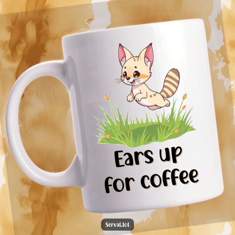 Funny Serval Mug: A cute serval character leaping playfully in a grassy field, ears perked, ready for fun.