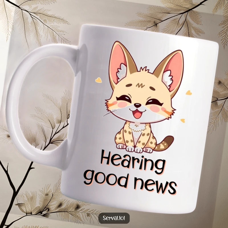 Funny Serval Mug: A happy serval character with ears perked, listening intently with a look of pure joy, great gift.