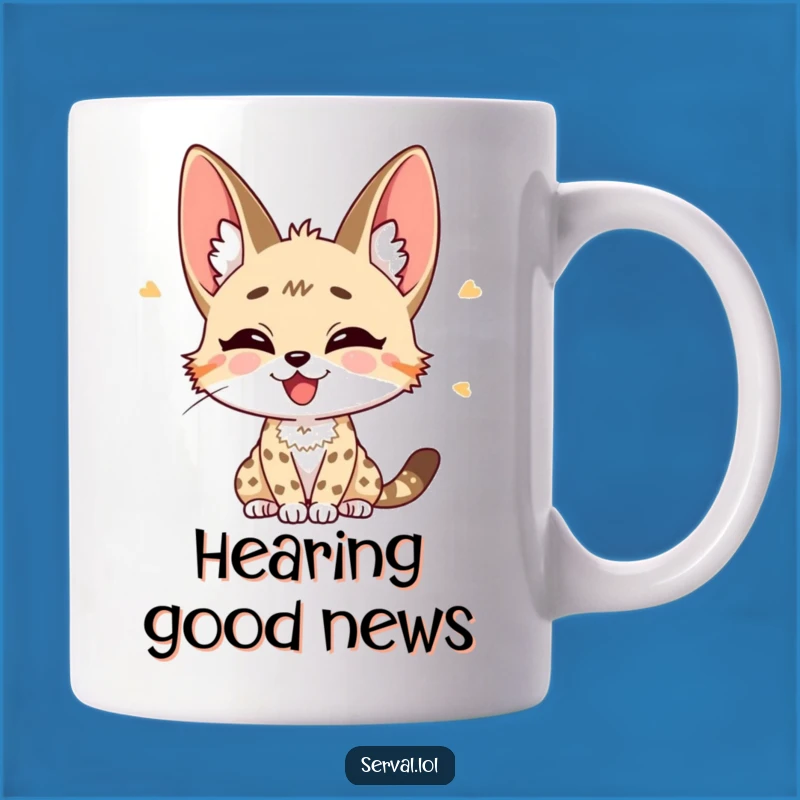 Funny Serval Listening Mug: Joyful Perked Ears Cat, Perfect Humorous Gift