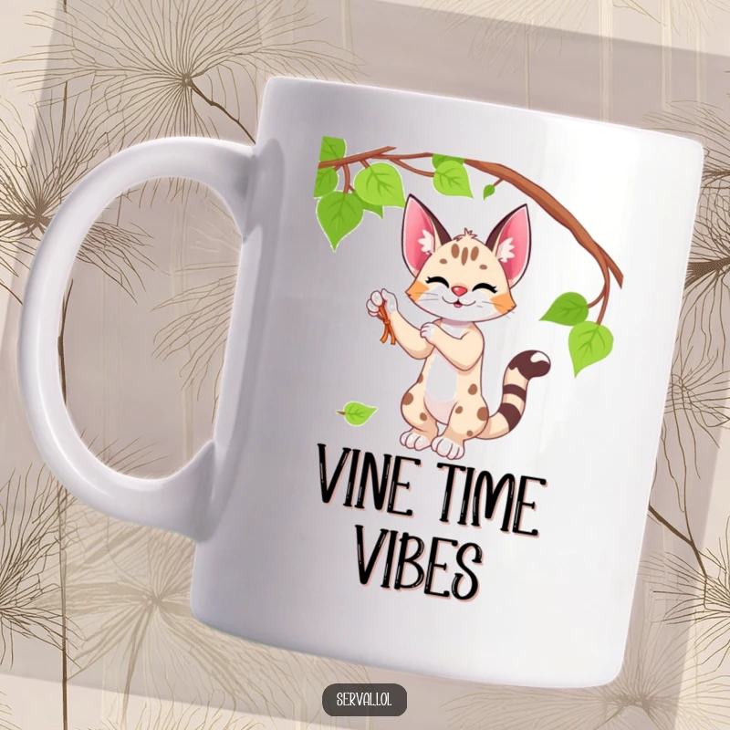 Funny serval mug showing a serval batting playfully at a dangling vine, capturing wild, adorable action.