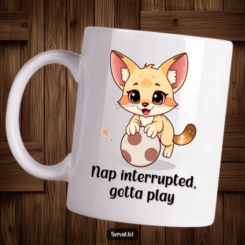 Funny serval mug depicting a cat in a comical, mid-air pounce towards a rolling ball, full of playful energy.