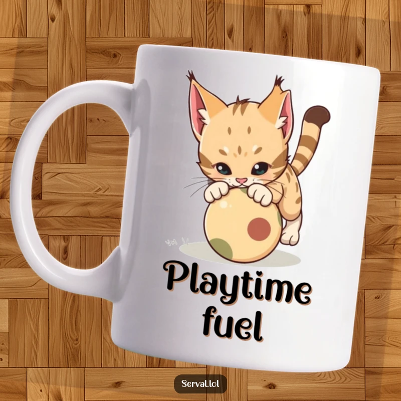 Funny Serval Pounce Mug. A serval cat is captured in a dynamic, playful pounce towards a rolling ball, conveying energetic humor.