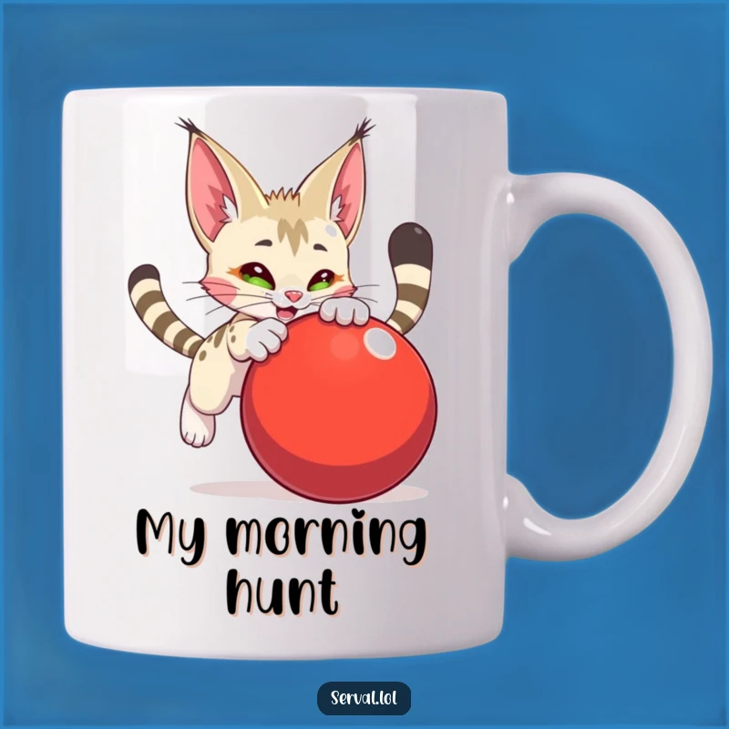 Funny Serval Pouncing Ball Mug - Playful Feline Action Gift