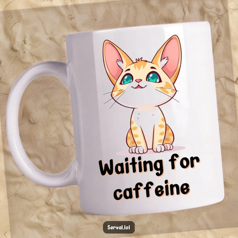 Funny serval cat character mug showing a serval cat looking up at the sky with an expectant, hopeful expression.