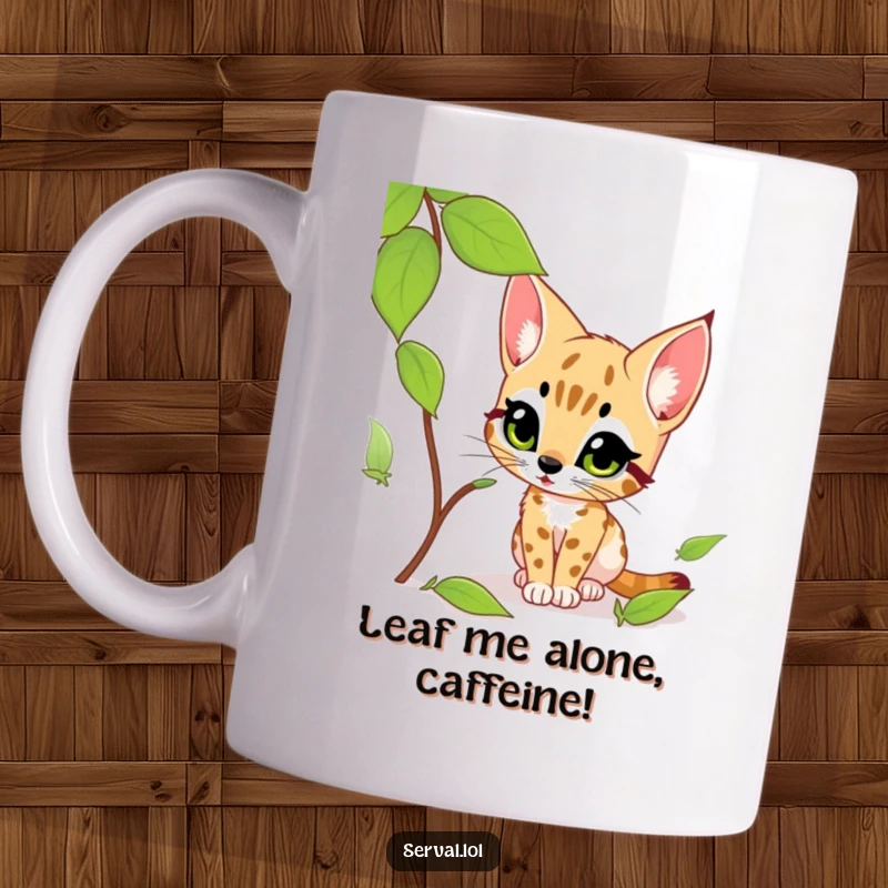 Funny serval mug showing a curious serval stalking a rustling leaf with excited predatory focus, perfect for animal lovers.