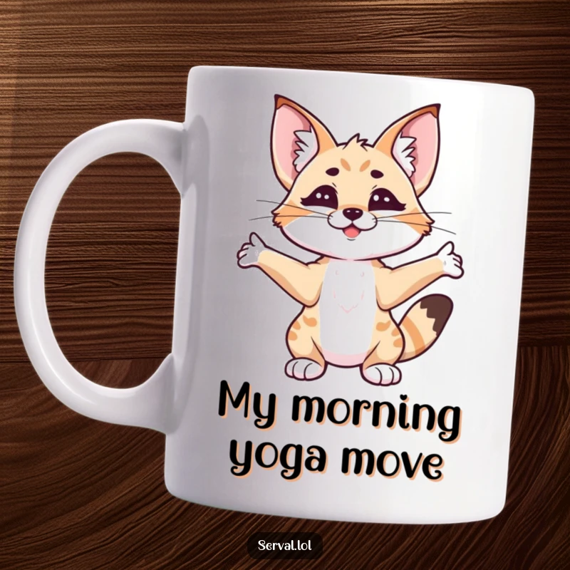 Funny serval stretching mug, showcasing a content expression of pure relaxation and laziness, perfect for cat lovers' gifts.