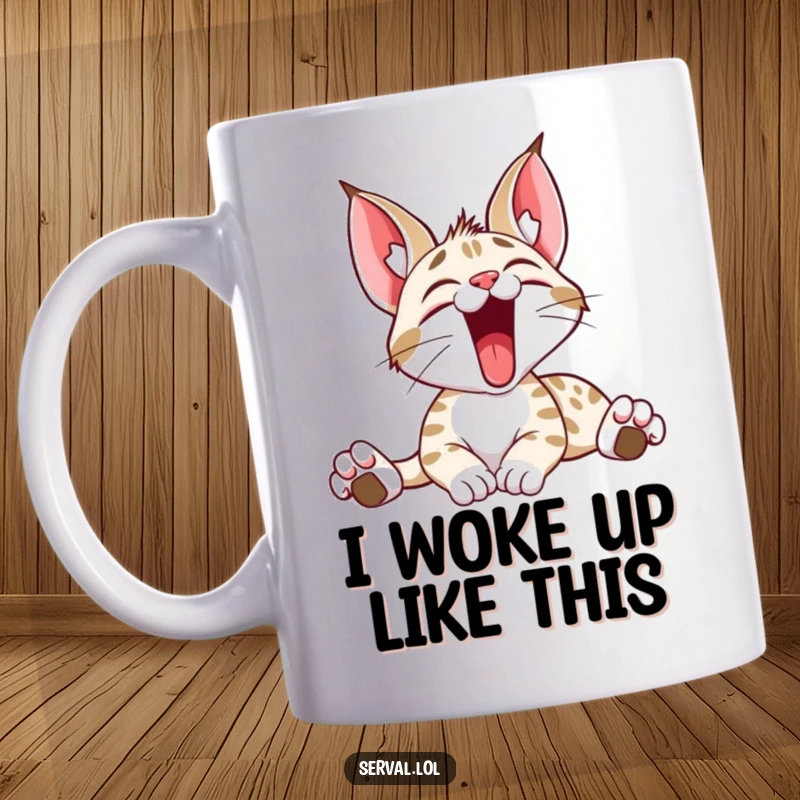 Funny mug featuring a serval cat stretching with a huge, sleepy, and happy yawn, showcasing its wild yet adorable personality.