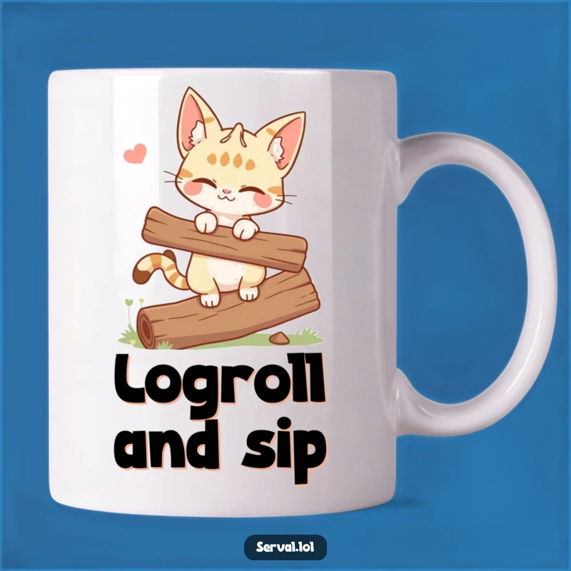Funny Winking Serval Cat Mug - Cheeky Log-Balancing Wild Cat Gift