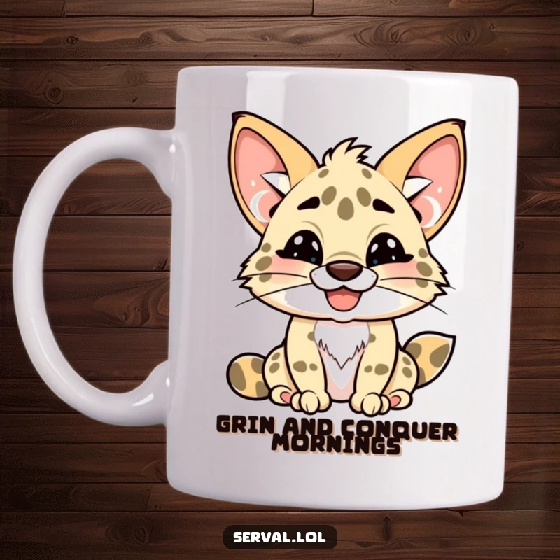 Funny kawaii serval character mug, showing a wide, playful, toothy grin, cute and mischievous feline, ideal funny gift.