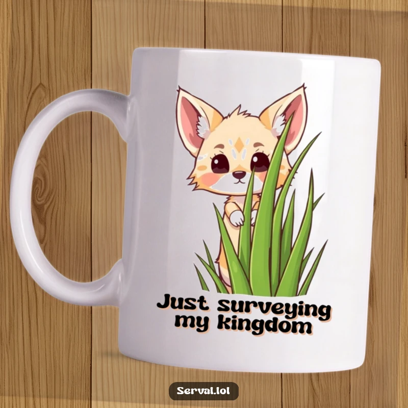 Funny kawaii serval cat peeking curiously from tall green grass, cute jungle animal illustration for a funny gift.