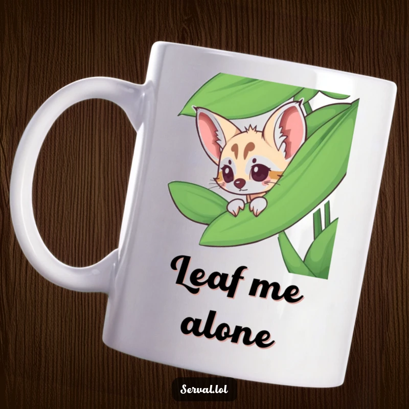 Funny serval mug showing a serval peeking curiously from behind a large jungle leaf, blending in adorably.