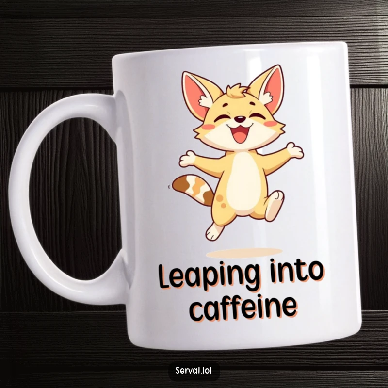 Funny kawaii serval character in mid-air, performing an energetic and joyful leap with happiness.