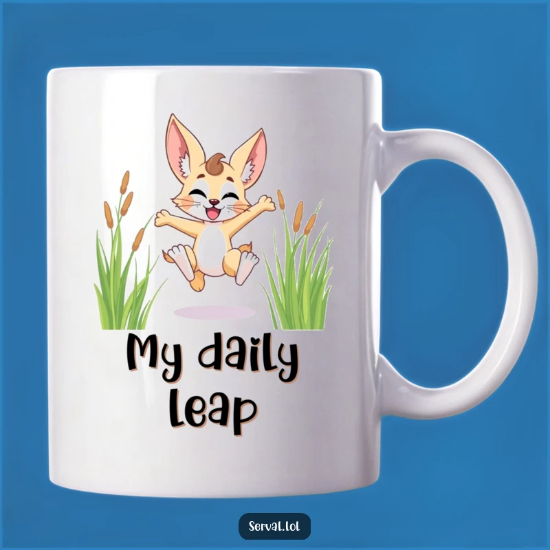 Funny Serval Leaping Grass Mug - Joyful Feline Freedom Gift