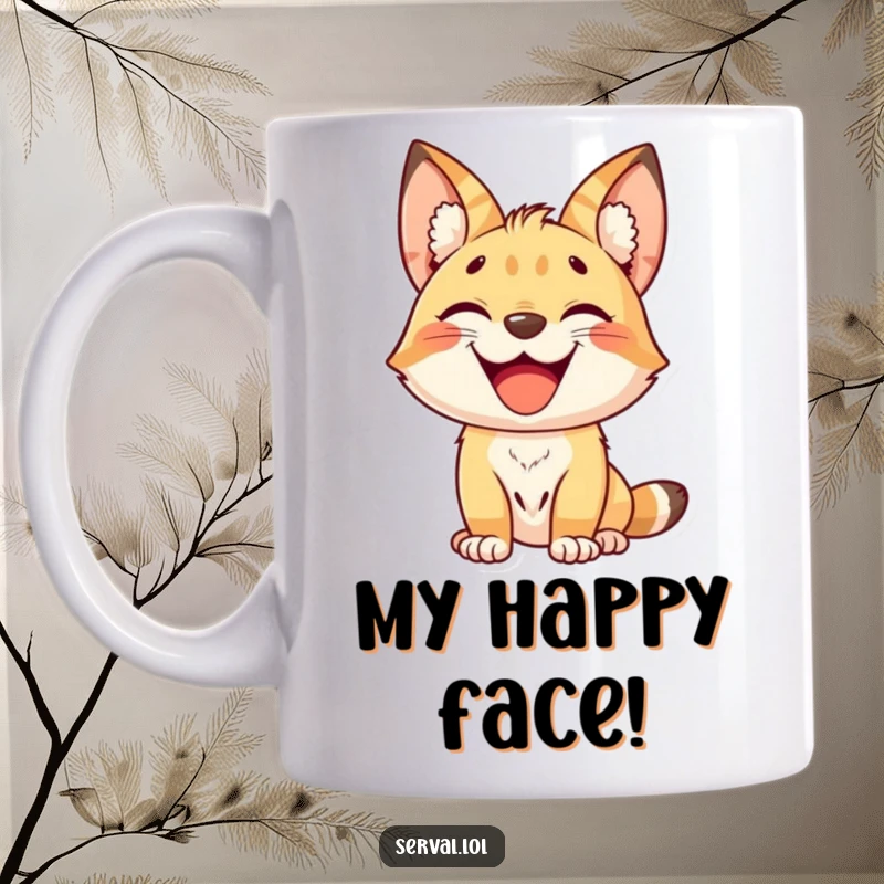Funny kawaii serval cat with a wide, delighted grin, happy jungle animal illustration for a funny gift.