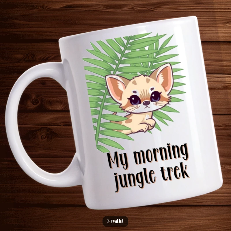 Funny kawaii serval cat peeking playfully from behind a large green fern frond, exuding cuteness and mischief for a delightful mug.