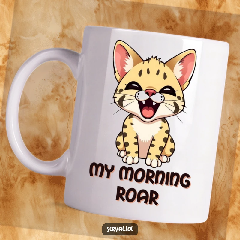 Funny Serval Yawn Mug featuring a cute serval cat yawning wide, revealing its small teeth in a moment of sleepy, humorous bliss.