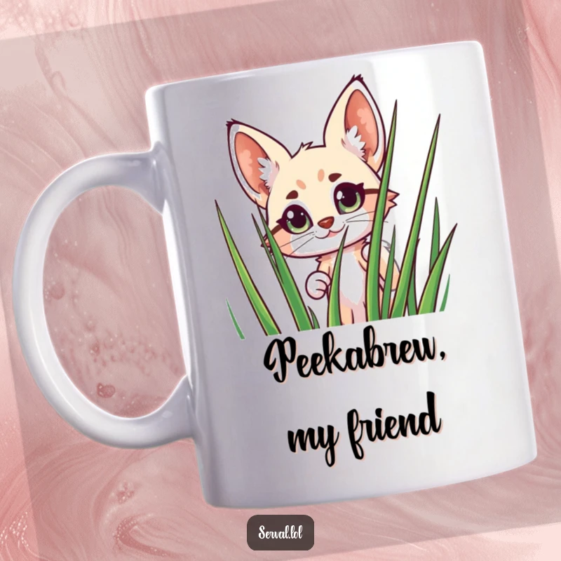 Funny Serval Mug: A cheerful serval peeking wide-eyed from behind tall grass, capturing a moment of surprise and cuteness.