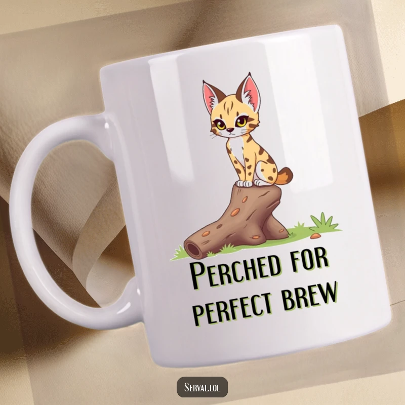 Funny serval mug showing a serval with a focused gaze, delicately balancing on a fallen log, demonstrating impressive feline agility.